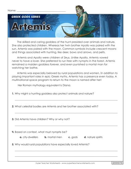 Reading Comprehension - Greek Gods Series: Artemis (Printable PDF Worksheet)
