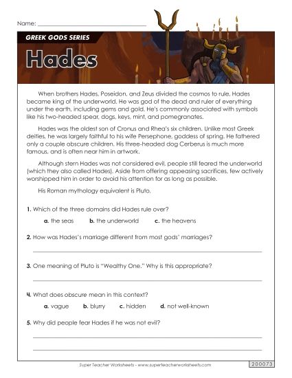 Reading Comprehension - Greek Gods Series: Hades (Printable PDF Worksheet)