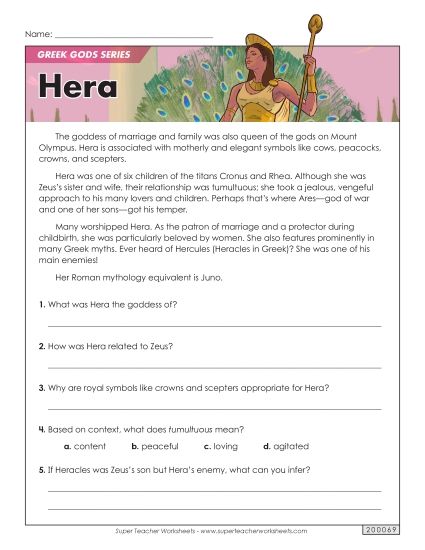 Reading Comprehension - Greek Gods Series: Hera (Printable PDF Worksheet)
