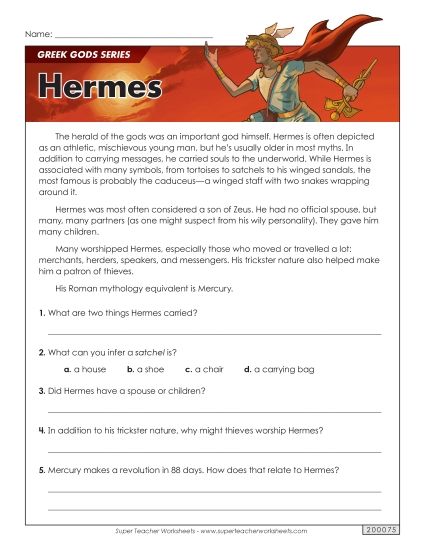 Reading Comprehension - Greek Gods Series: Hermes (Printable PDF Worksheet)