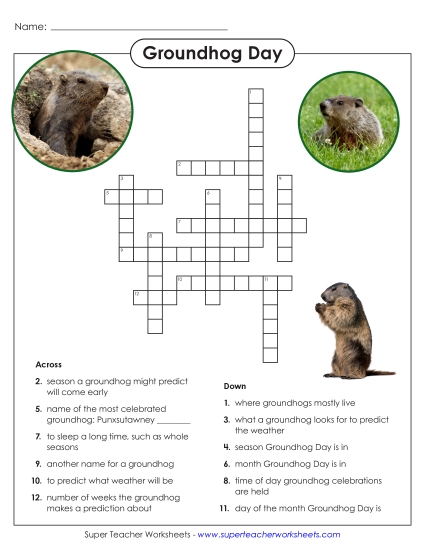 Puzzles & Games - Groundhog Day Crossword (Printable PDF Worksheet)