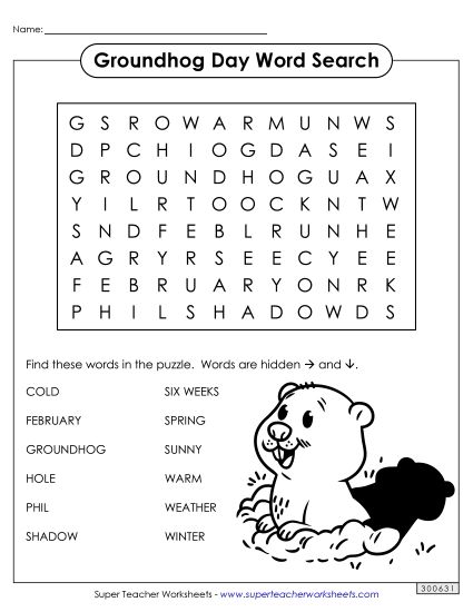 Puzzles & Games - Groundhog Day Word Search (Basic) (Printable PDF Worksheet)