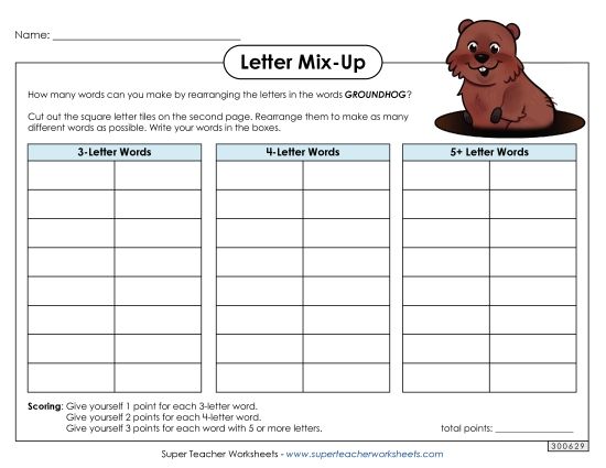 Puzzles & Games - Groundhog Letter Mix (Intermediate) (Printable PDF Worksheet)
