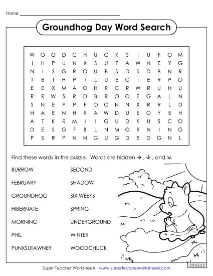 Puzzles & Games - Groundhog Word Search (Intermediate) (Printable PDF Worksheet)
