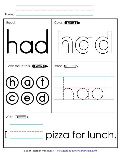 Individual Sight Words - Had (Sight Word) (Printable PDF Worksheet)