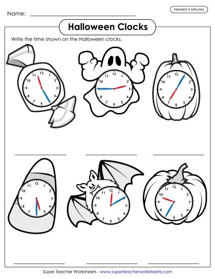Telling Time - Halloween Clocks - Nearest 5 Minutes (Printable PDF Worksheet)
