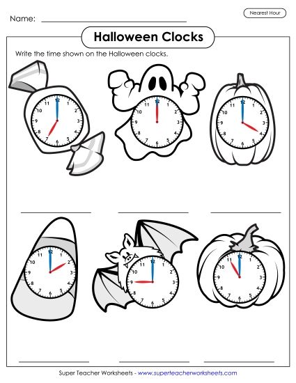 Telling Time - Halloween Clocks - Nearest Hour (Printable PDF Worksheet)