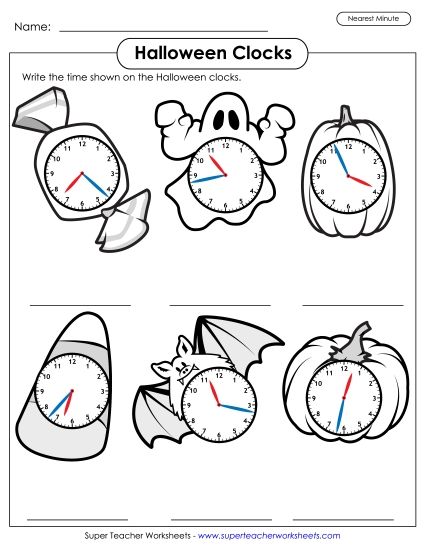 Telling Time - Halloween Clocks - Nearest Minute (Printable PDF Worksheet)