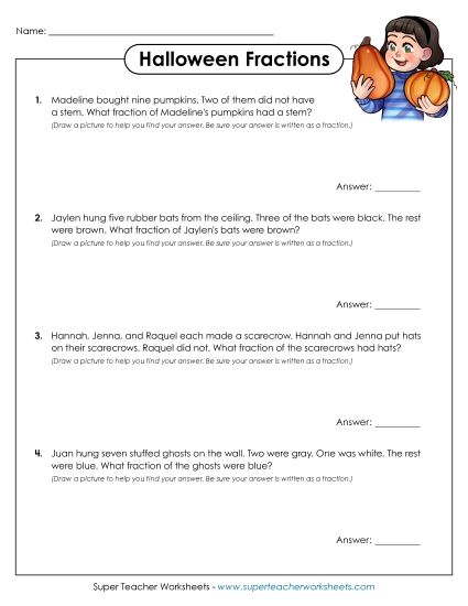 More Halloween Math - Halloween Fraction Word Problems (Printable PDF Worksheet)