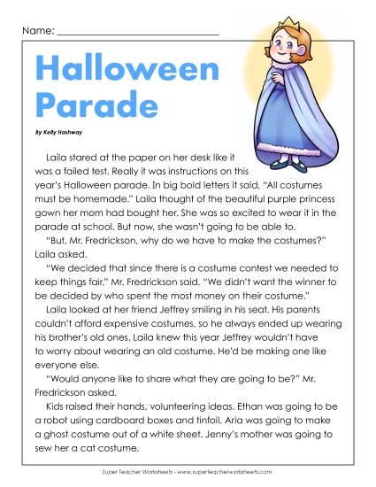 Reading Comprehension Fiction - Halloween Parade  (Printable PDF Worksheet)
