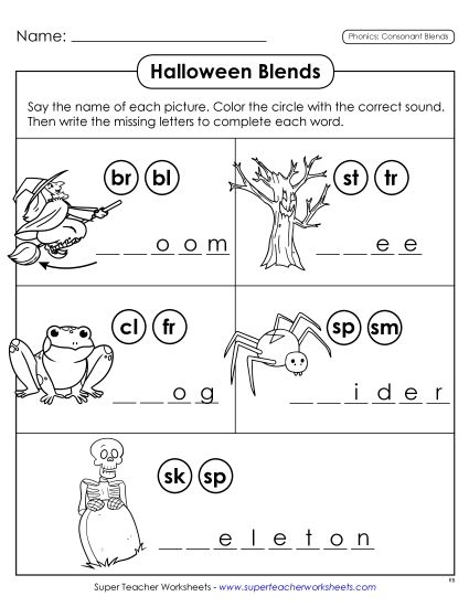 Phonics Worksheets - Halloween Phonics Blends (Printable PDF Worksheet)