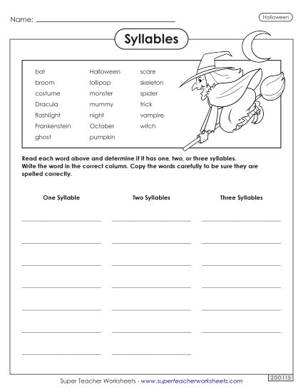 Phonics Worksheets - Halloween Syllables (Printable PDF Worksheet)