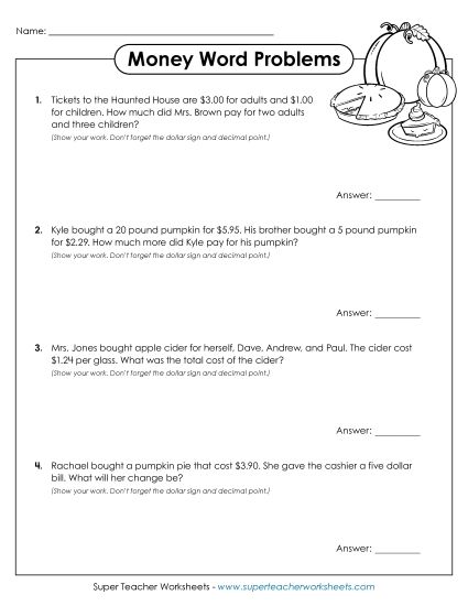 Subtraction - Halloween Word Problems (Add and Subtract Money) (Printable PDF Worksheet)