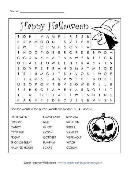 Puzzles - Halloween Word Search (Printable PDF Worksheet)