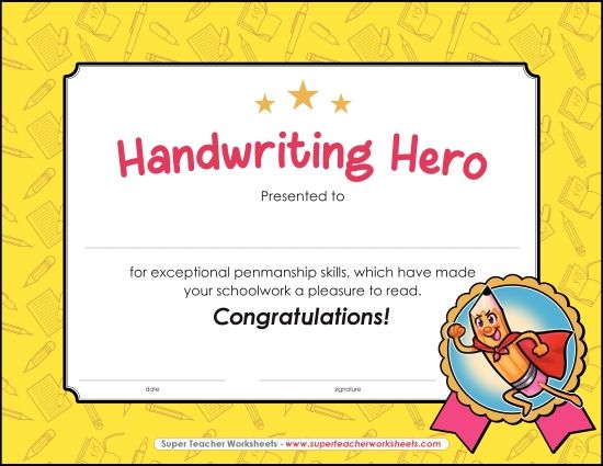 Reading & Writing Awards - Handwriting Hero (Printable PDF Worksheet)