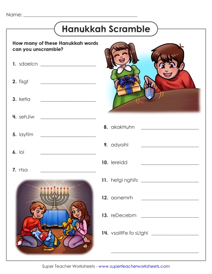 Hanukkah Puzzles - Hanukkah Word Scramble (Printable PDF Worksheet)