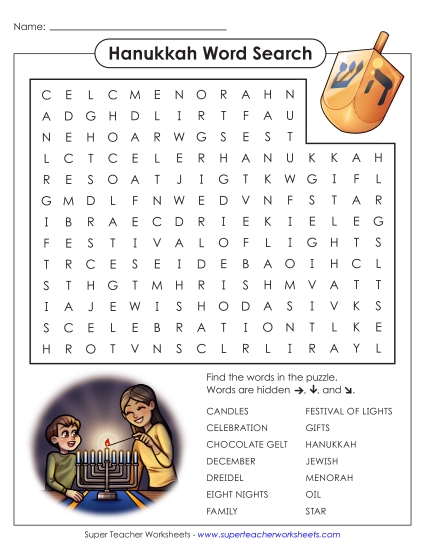 Hanukkah Puzzles - Hanukkah Word Search (Printable PDF Worksheet)