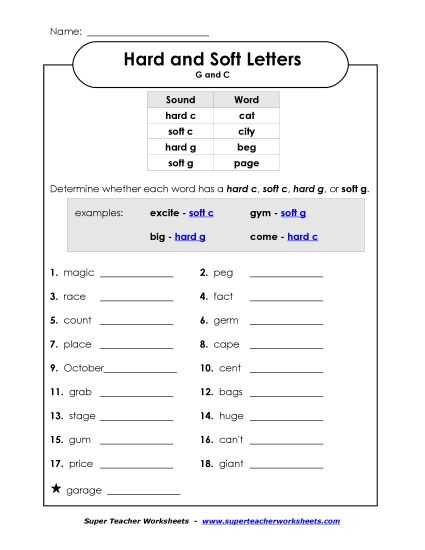 Hard-C and Soft-C, Hard-G and Soft-G - Hard and Soft G and C Words (Printable PDF Worksheet)