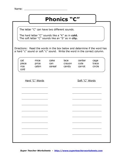 Hard-C and Soft-C, Hard-G and Soft-G - Hard C or Soft C (Printable PDF Worksheet)