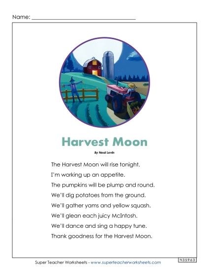 4th Grade Poems - Harvest Moon (Printable PDF Worksheet)