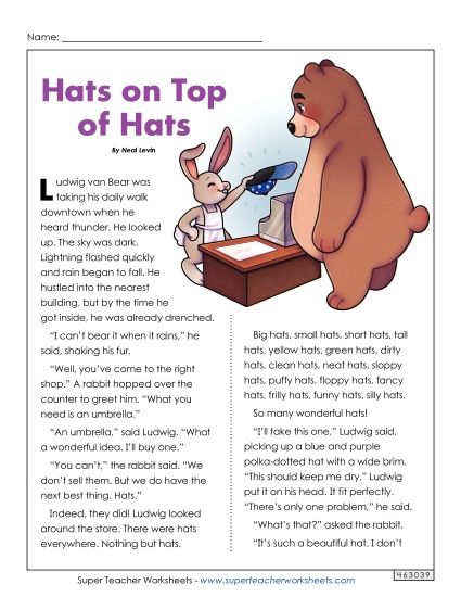 Fiction Stories - Hats on Top of Hats (Printable PDF Worksheet)