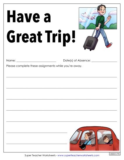 Notes for Absent Students - Have a Great Trip! (Printable PDF Worksheet)