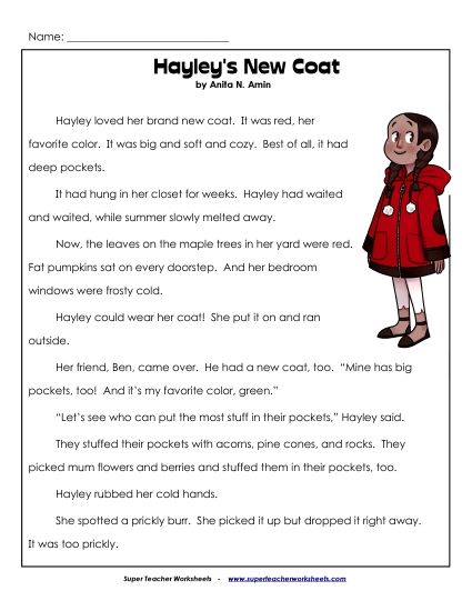 Reading Comprehension - Hayley's New Coat (Fiction) (Printable PDF Worksheet)