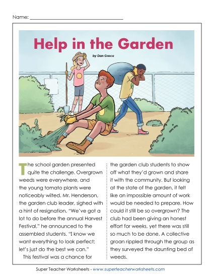 Reading Comprehension Passages - Help in the Garden (Kindness/Helpfulness) (Printable PDF Worksheet)