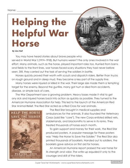 Articles - Helping the Helpful War Horse WWI article (Printable PDF Worksheet)