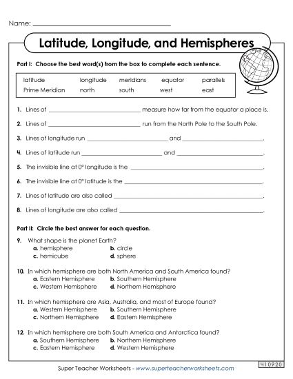 Latitude and Longitude - Hemispheres, Latitude and Longitude (Printable PDF Worksheet)