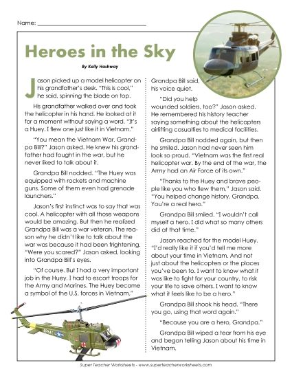Fiction Stories - Heroes in the Sky Reading Comp (Printable PDF Worksheet)