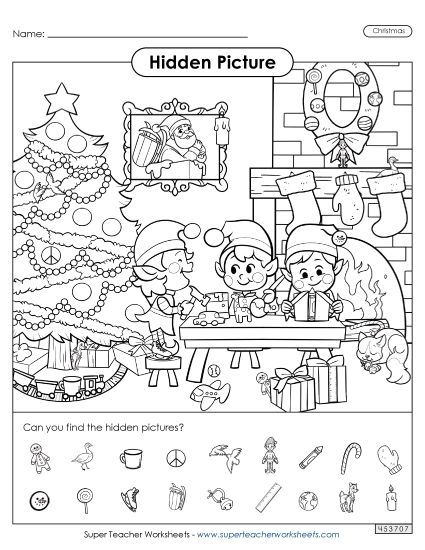 Hidden Picture Puzzles - Hidden Pictures: Christmas Elves (Printable PDF Worksheet)