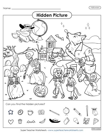 Puzzles - Hidden Pictures: Halloween (Printable PDF Worksheet)