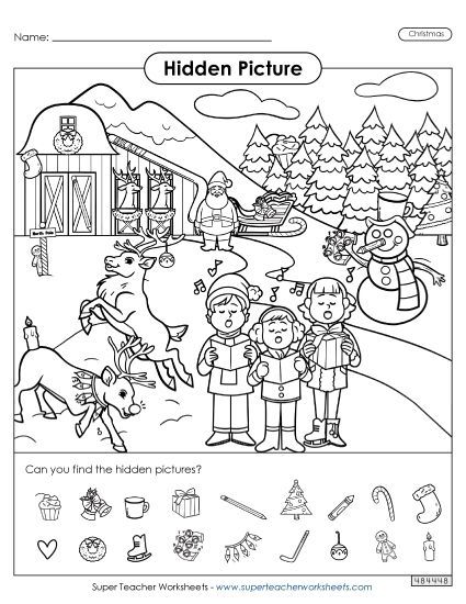Hidden Picture Puzzles - Hidden Pictures: Outdoor Christmas Scene (Printable PDF Worksheet)