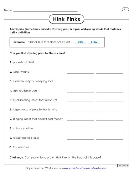 Level A: Easiest - Hink Pinks: Level A (Printable PDF Worksheet)