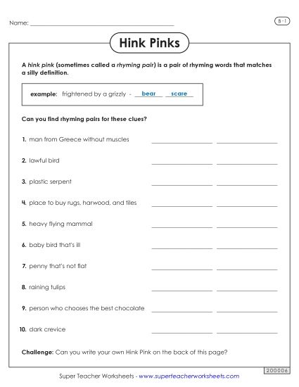 Hink Pinks - Hink Pinks: Level B-1 (Printable PDF Worksheet)
