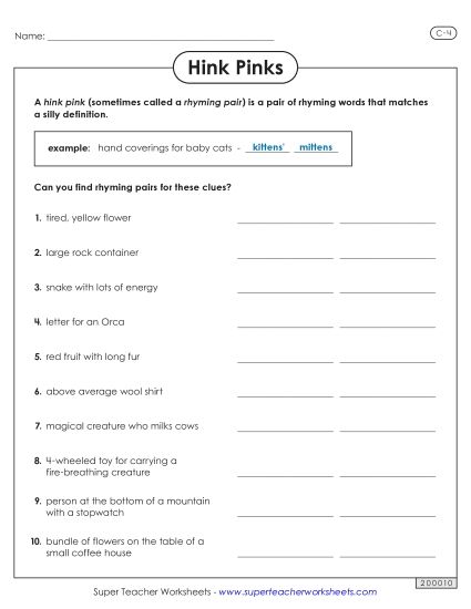 Level C: Most Challenging - Hink Pinks: Level C-4 (Printable PDF Worksheet)
