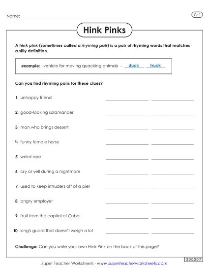 Level C: Most Challenging - Hink Pinks: Level C (Printable PDF Worksheet)