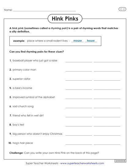 Hink Pinks - Hink Pinks Riddles: Level C-2 (Printable PDF Worksheet)