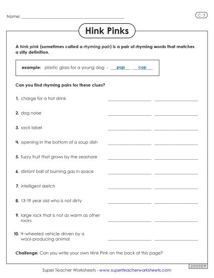 Hink Pinks - Hink Pinks Riddles: Level C-3 (Printable PDF Worksheet)