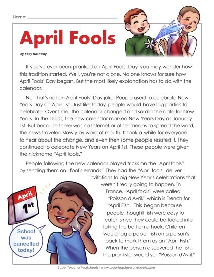 Reading Comprehension - History of April Fools (Non-Fiction) (Printable PDF Worksheet)