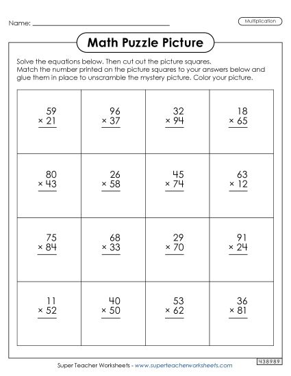 2-Digit Times 2-Digit Worksheets - Hockey Picture Puzzle (2 Digits Times 2 Digits) (Printable PDF Worksheet)