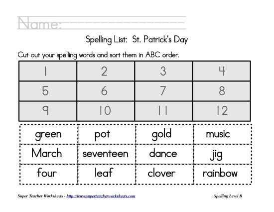 List B: Christmas - Holiday List -&nbsp; St. Patrick's Day: ABC Order (Printable PDF Worksheet)