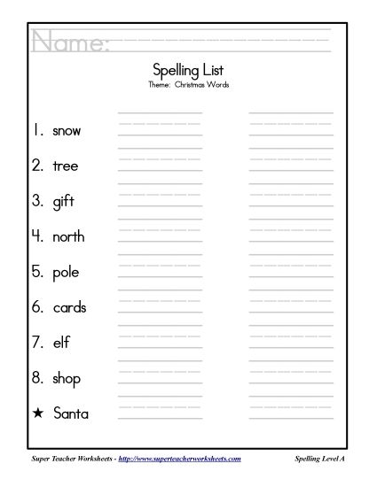 List A: Christmas - Holiday List - Christmas (Printable PDF Worksheet)