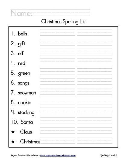 List B: Christmas - Holiday List - Christmas (Printable PDF Worksheet)
