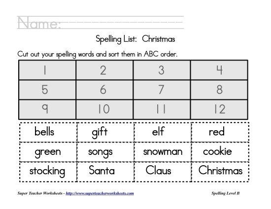 List B: Christmas - Holiday List - Christmas: ABC Order (Printable PDF Worksheet)