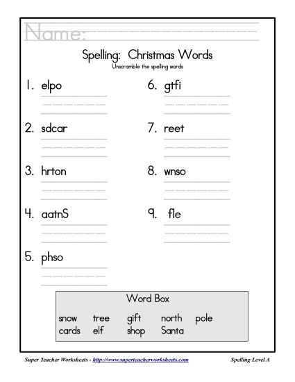 List A: Christmas - Holiday List - Christmas: Unscramble (Printable PDF Worksheet)