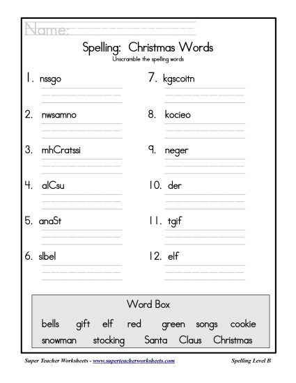 List B: Christmas - Holiday List - Christmas: Unscramble (Printable PDF Worksheet)