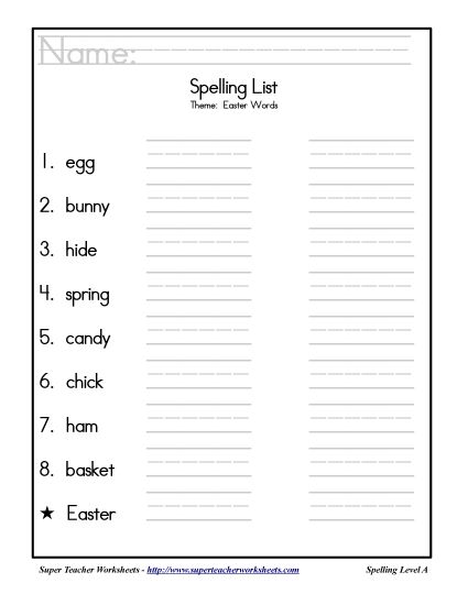 List A: Easter - Holiday List - Easter (Printable PDF Worksheet)