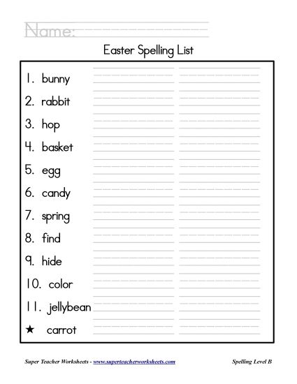 List B: Easter - Holiday List - Easter (Printable PDF Worksheet)